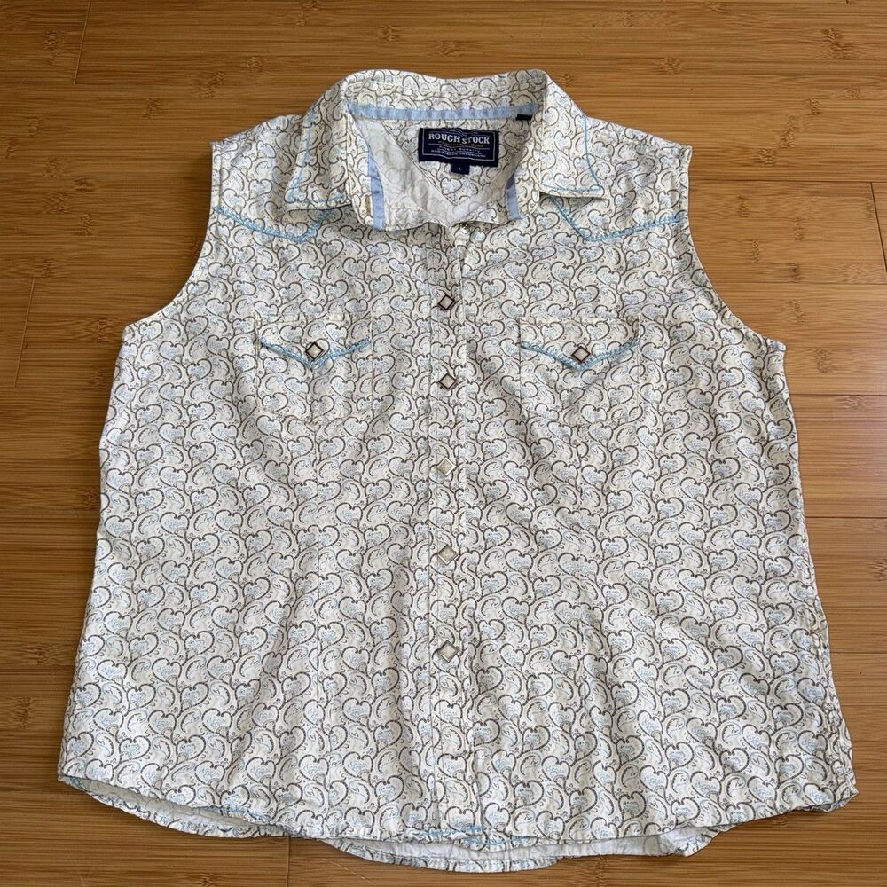 Rough Stock Panhandle Slim Womens L Western Sleeveless Pearl Snap Shirt Paisley
